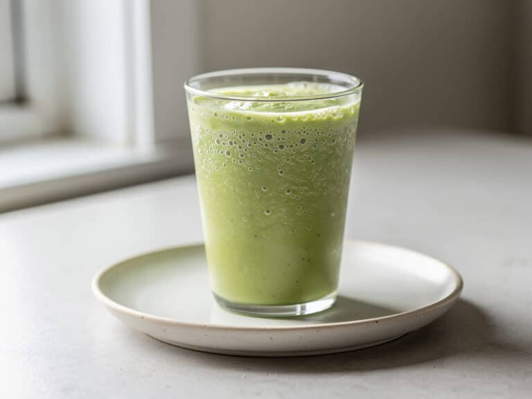 Grüner Feldsalat-Smoothie mit Banane und Birne in einem Glas