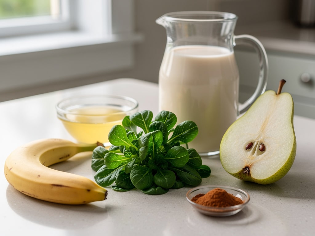 Feldsalat, Banane, Birne, Hafermilch, Zitronensaft und Zimt auf einer Arbeitsfläche