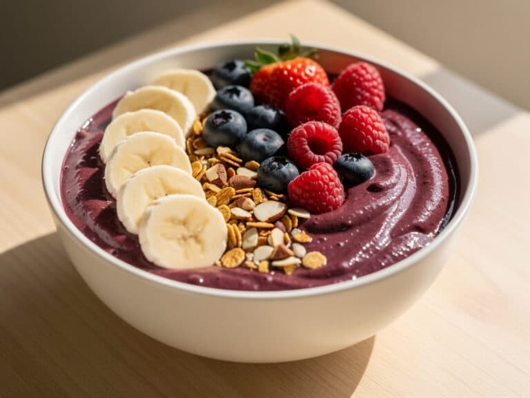 Cremige Açaí Bowl mit Bananenscheiben, Beeren, Granola und Nüssen
