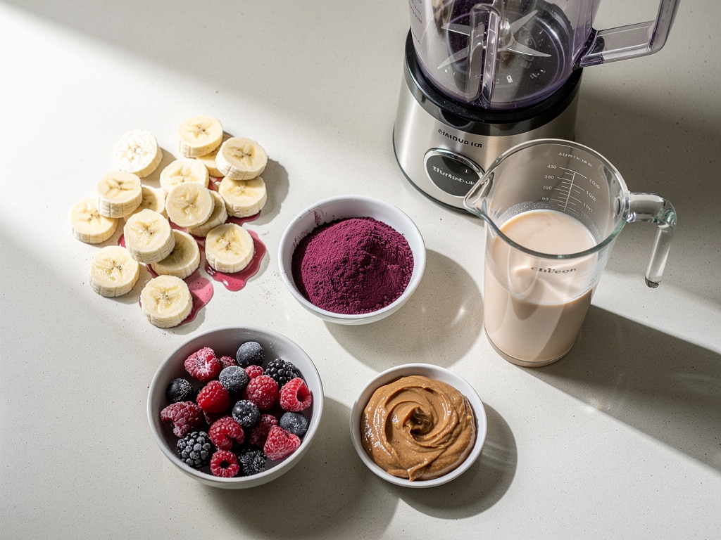 Zutaten für eine Açaí Bowl mit gefrorener Banane, Beeren und Mandelmus