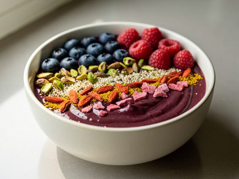 Açaí-Bowl ohne Banane mit frischen Beeren, Pistazien, Hanfsamen und weiteren Toppings