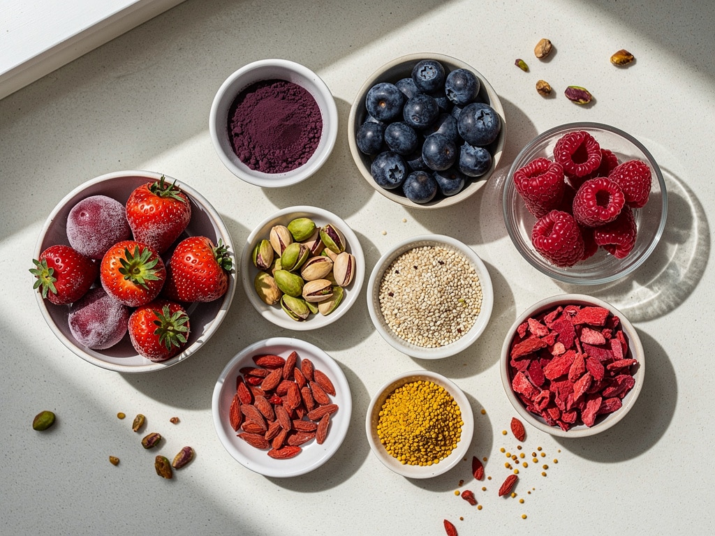 Zutaten für eine Açaí-Bowl ohne Banane auf einer hellen Arbeitsfläche