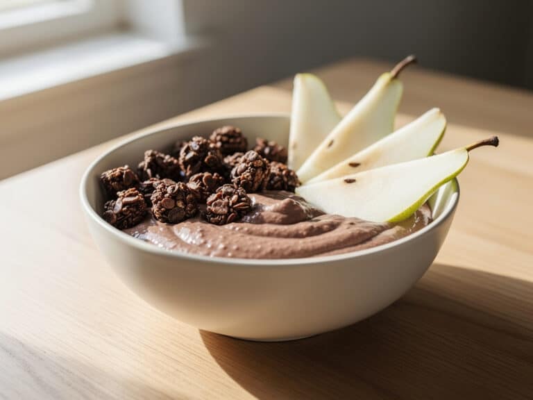 Bananen-Kakao-Smoothie-Bowl mit Schokomüsli und Birnenspalten in einer Keramikschüssel