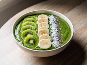 Grüne Smoothie Bowl mit Kiwi, Banane, Kokosraspeln und Chia-Samen