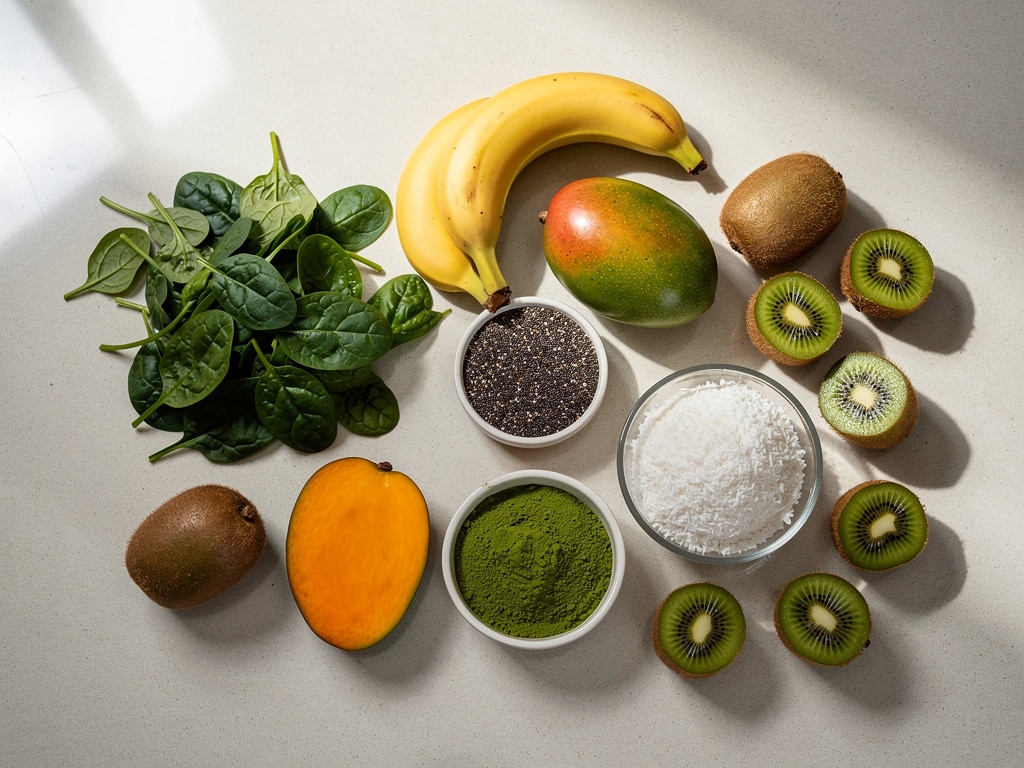 Zutaten für eine grüne Smoothie Bowl auf einer hellen Arbeitsfläche