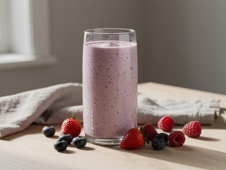 Cremiger Skyr-Smoothie mit Beeren in einem Glas, daneben liegen frische Beeren.