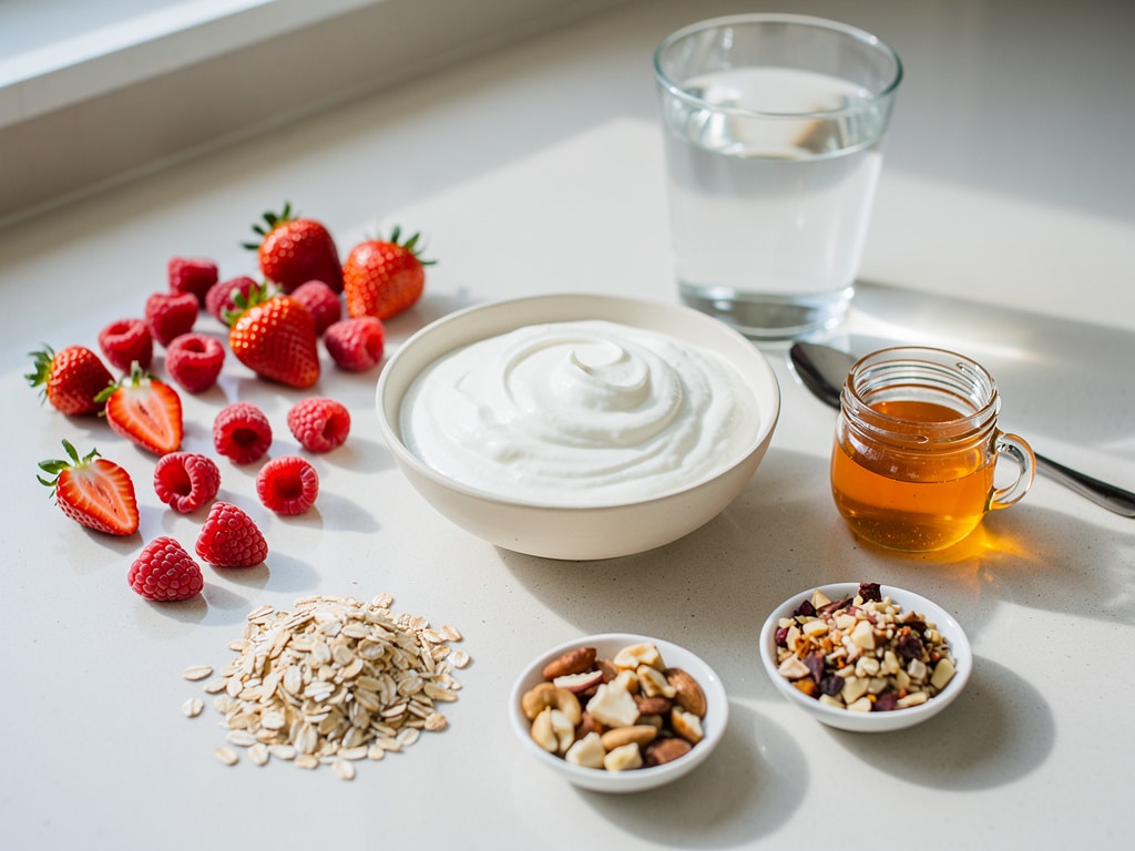 Skyr, Beeren, Honig, Haferflocken und Nüsse für einen Smoothie auf einer Arbeitsfläche.