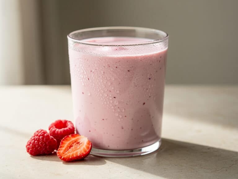 Cremiger Himbeer-Quark-Protein-Smoothie im großen Glas mit einigen Himbeeren daneben