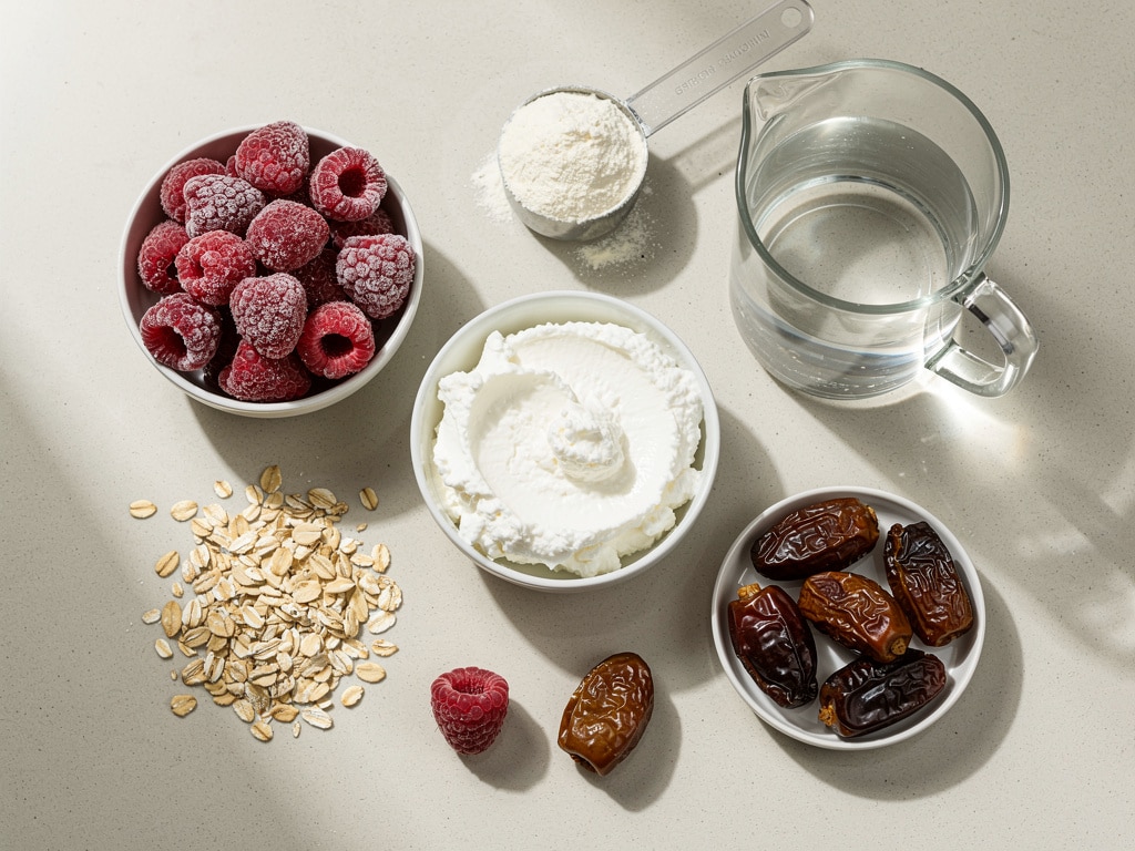 Zutaten für einen Himbeer-Quark-Protein-Smoothie auf einer Küchenarbeitsfläche