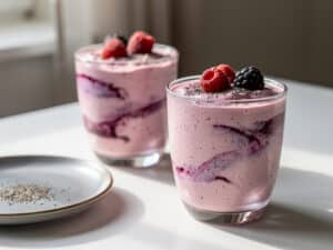 Zwei Gläser Beeren-Quark-Smoothie mit Chiasamen und einigen Beeren als Garnitur
