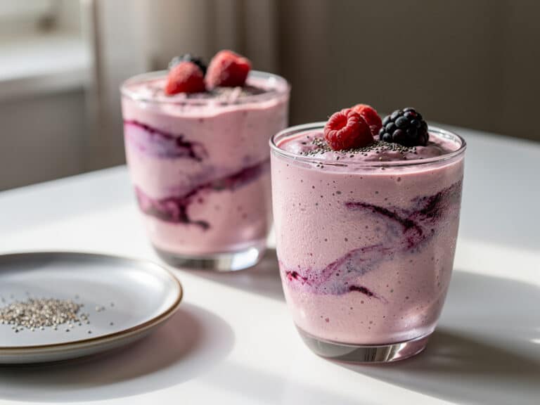 Zwei Gläser Beeren-Quark-Smoothie mit Chiasamen und einigen Beeren als Garnitur