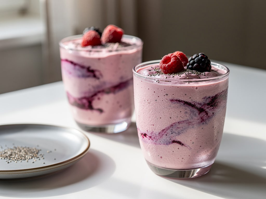Zwei Gläser Beeren-Quark-Smoothie mit Chiasamen und einigen Beeren als Garnitur