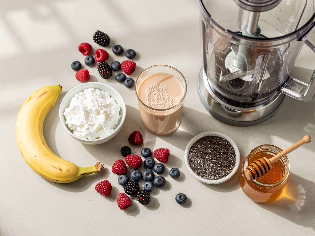 Quark, Beeren, Banane, Mandeldrink, Chiasamen und Honig neben einem Mixer