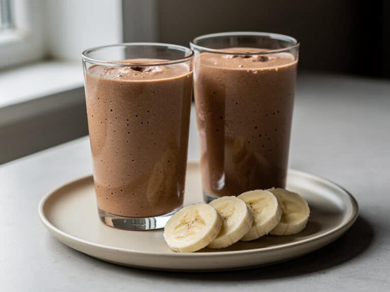 Cremiger Bananen-Erdnussbutter-Smoothie mit Kakao in zwei Gläsern