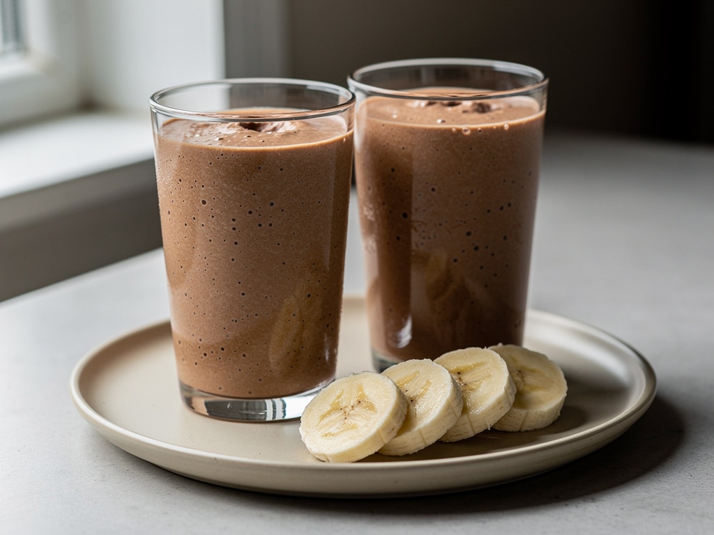 Cremiger Bananen-Erdnussbutter-Smoothie mit Kakao in zwei Gläsern