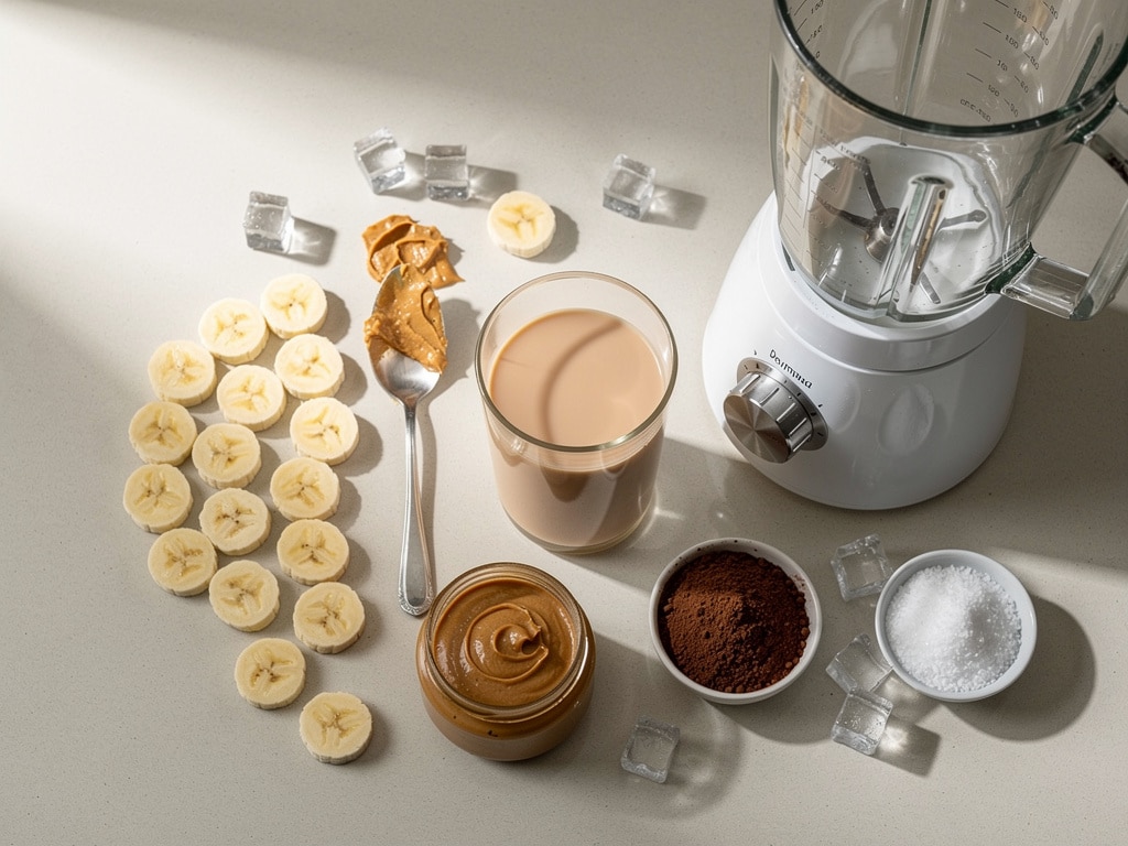 Banane, Erdnussbutter, Haferdrink, Kakao, Salz und Eiswürfel neben einem Mixer