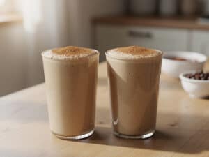 Zwei Gläser cremiger Kaffee-Bananen-Smoothie mit einer leichten Zimtbestäubung