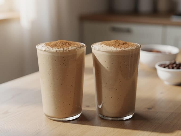 Zwei Gläser cremiger Kaffee-Bananen-Smoothie mit einer leichten Zimtbestäubung