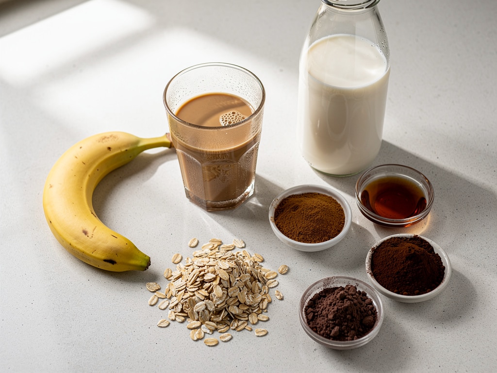 Banane, kalter Kaffee, Mandeldrink, Haferflocken und Gewürze für einen Smoothie