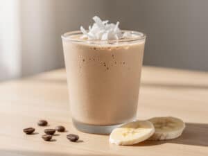 Kaffee-Smoothie mit Banane und Kokoschips in einem Glas