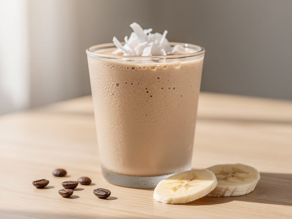 Kaffee-Smoothie mit Banane und Kokoschips in einem Glas