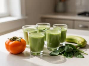 Grüner Smoothie mit Banane, Kaki und Spinat in kleinen Gläsern