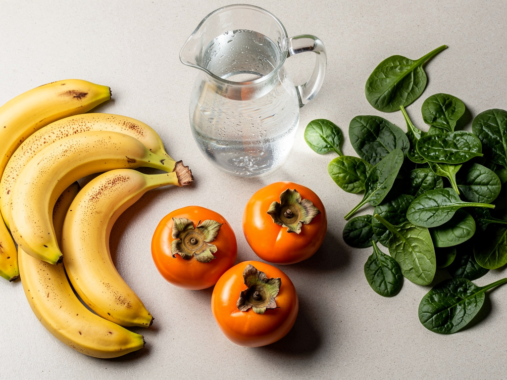 Bananen-Smoothie für Kinder mit Spinat und Kaki 1 Banane, Kaki, Babyspinat und Wasser auf einer Küchenarbeitsfläche
