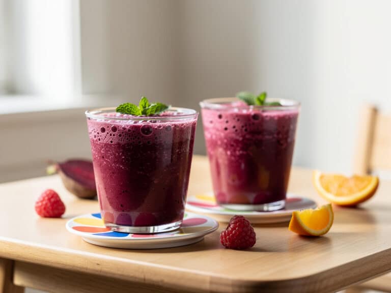Violetter Rote-Bete-Smoothie mit Himbeeren und Minze in zwei kleinen Gläsern