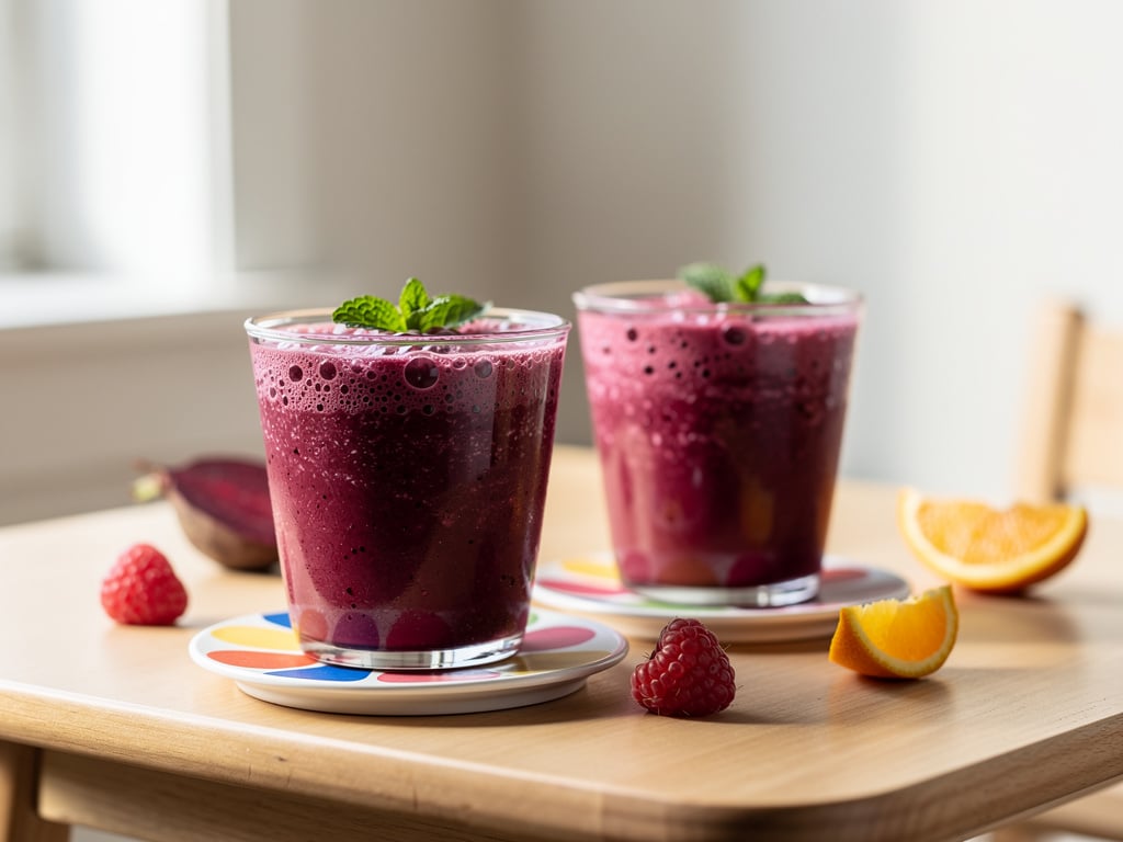 Violetter Rote-Bete-Smoothie mit Himbeeren und Minze in zwei kleinen Gläsern