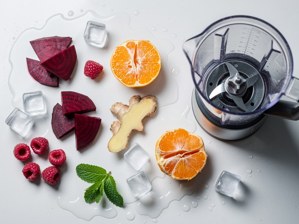 Rote Bete, Himbeeren, Orange, Ingwer, Minze und Eiswürfel neben einem Mixer