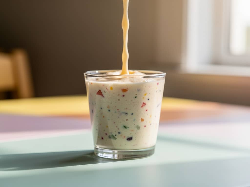 Ein Glas cremiger Smoothie mit Banane, Obst und Gemüse auf einem Tisch