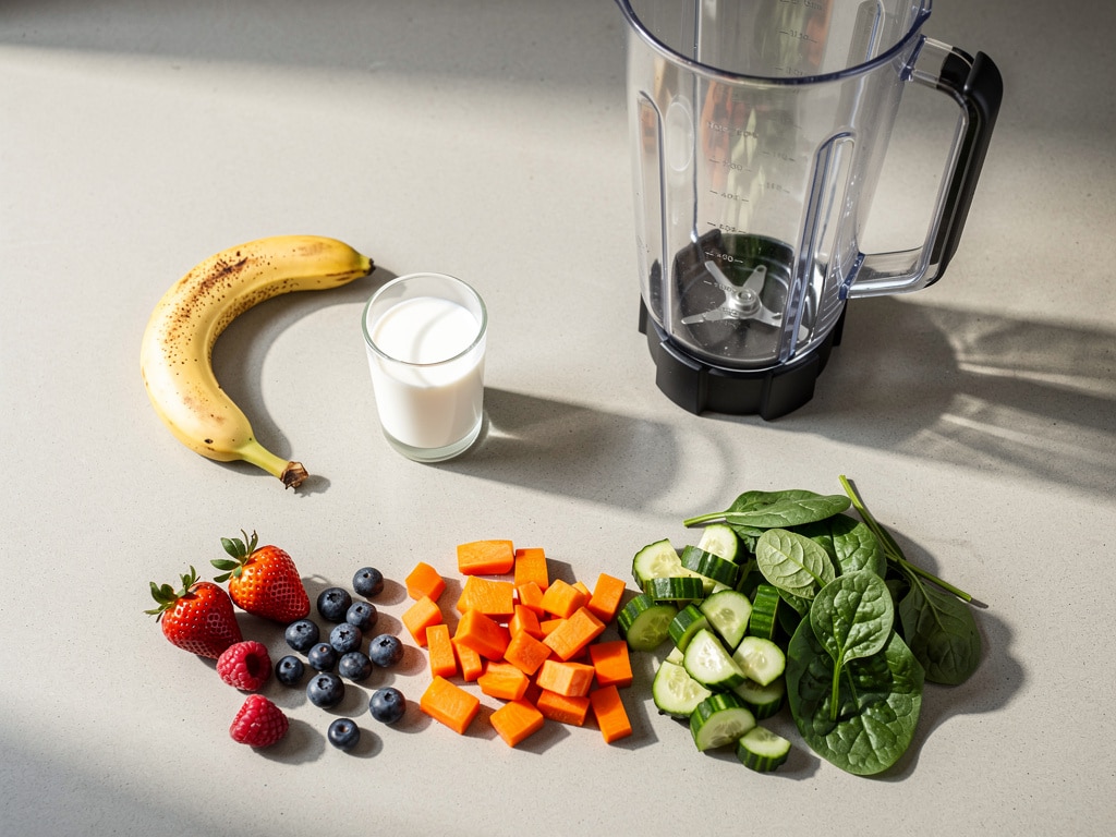Milch, Banane, Beeren und Gemüse neben einem Mixer auf der Arbeitsfläche