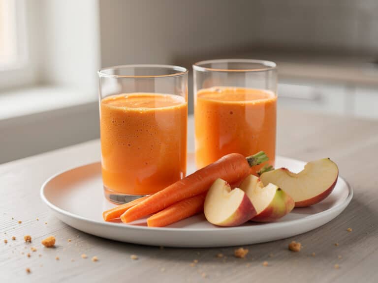 Karotten-Smoothie mit Apfel und Nektarine in zwei Gläsern