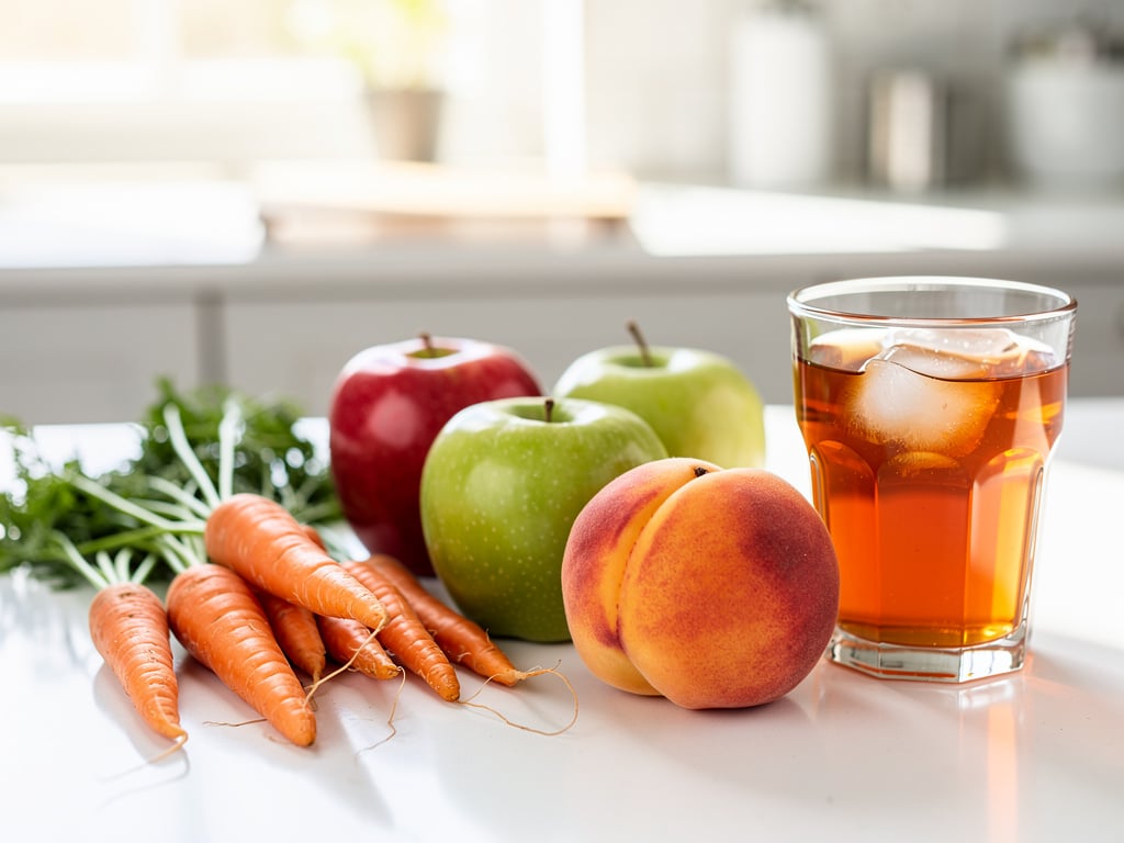 Möhren, Äpfel, Nektarine und Tee für einen Smoothie auf der Arbeitsfläche