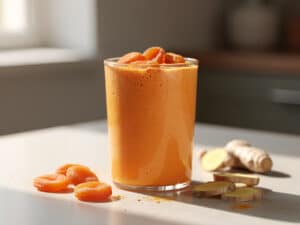 Cremiger Karotten-Smoothie mit leichter Kurkuma-Färbung in einem Glas