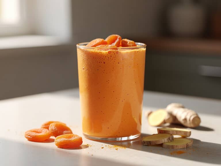 Cremiger Karotten-Smoothie mit leichter Kurkuma-Färbung in einem Glas