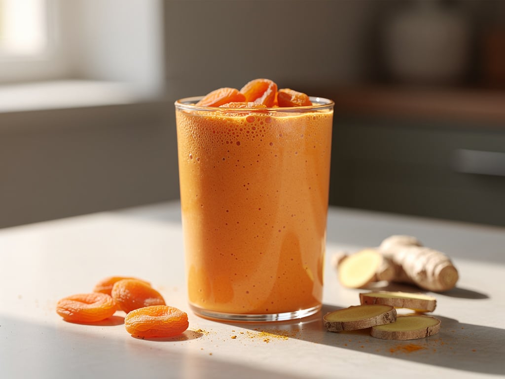 Cremiger Karotten-Smoothie mit leichter Kurkuma-Färbung in einem Glas