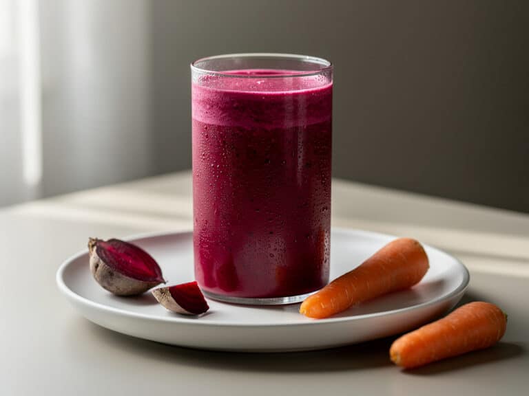 Rote-Bete-Smoothie mit Möhre und Apfel in einem klaren Glas