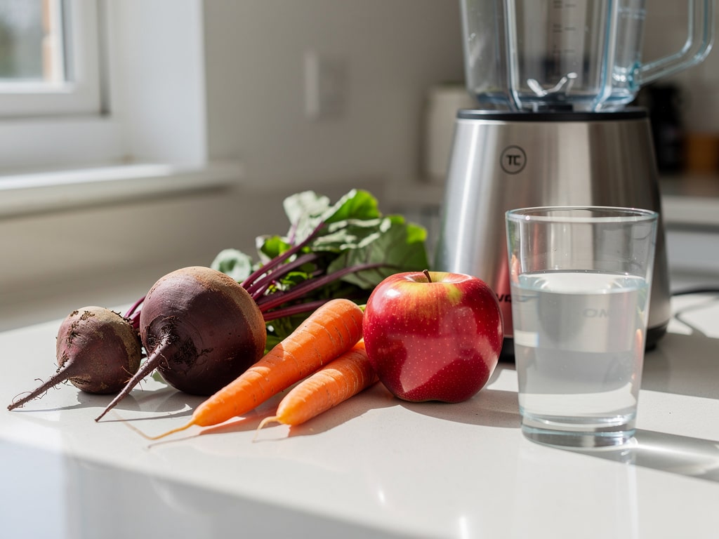 Frische Rote Bete, Möhren, Apfel und Wasser neben einem Mixer