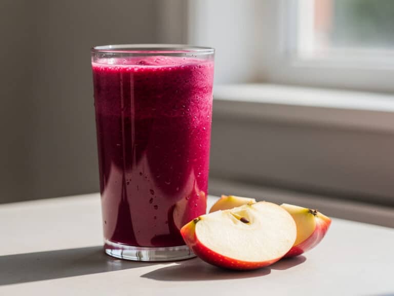 Ein Glas pinker Rote-Bete-Smoothie mit Apfelstücken auf einem hellen Tisch