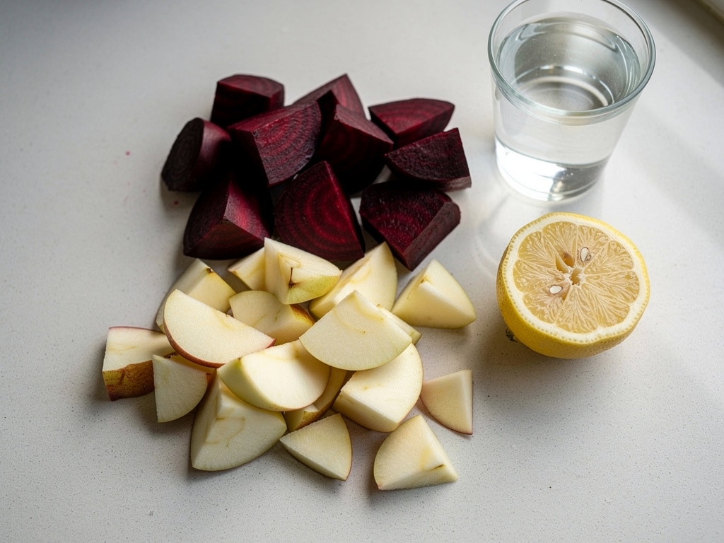 Gekochte Rote Bete, Apfelstücke, Zitrone und Wasser vor dem Mixen