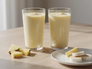 Zwei Gläser Ananas-Bananen-Smoothie auf einem Frühstückstisch