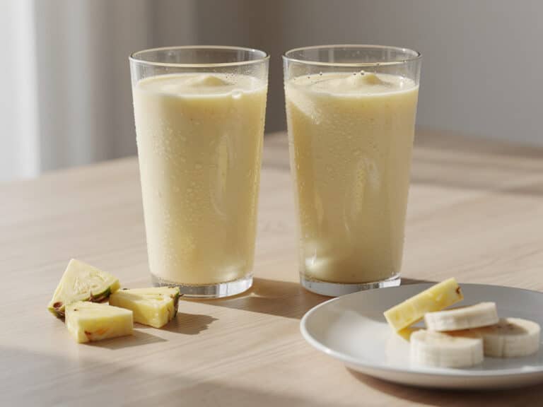 Zwei Gläser Ananas-Bananen-Smoothie auf einem Frühstückstisch