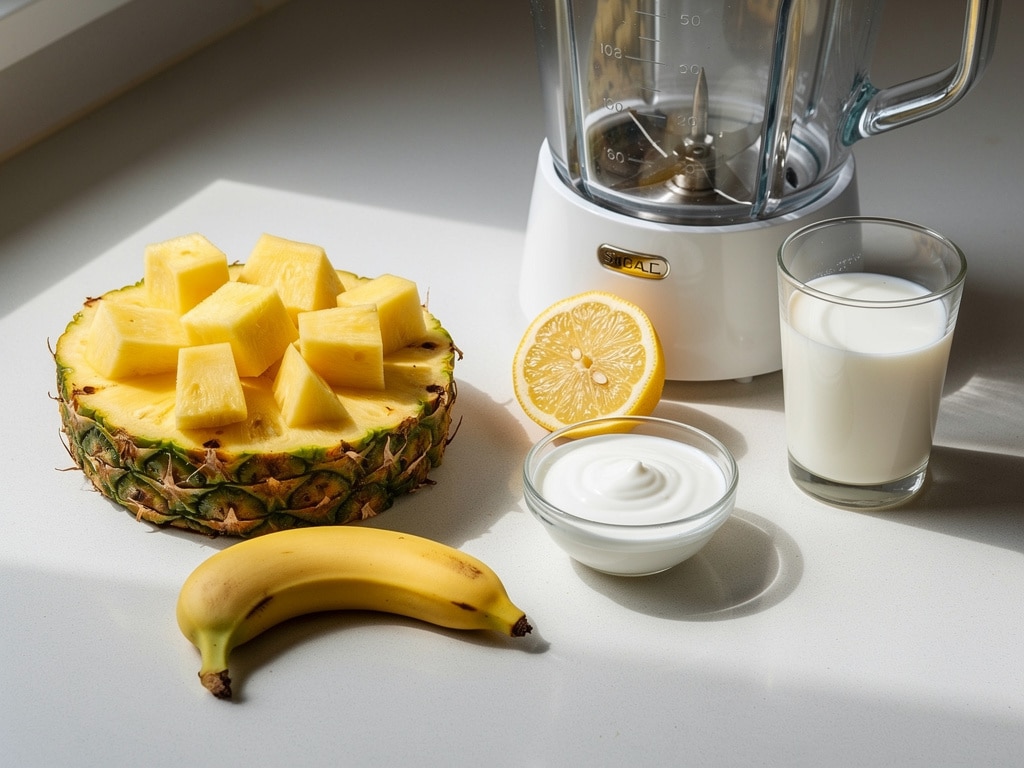 Ananas, Banane, Zitrone, Joghurt und Milch neben einem Standmixer