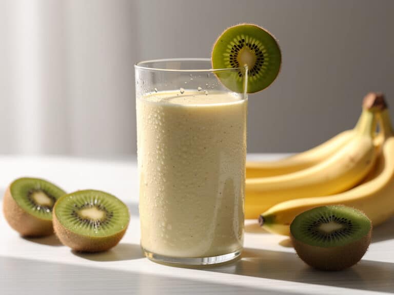 Cremiger Goldkiwi-Bananen-Smoothie im Glas mit Kiwischeibe