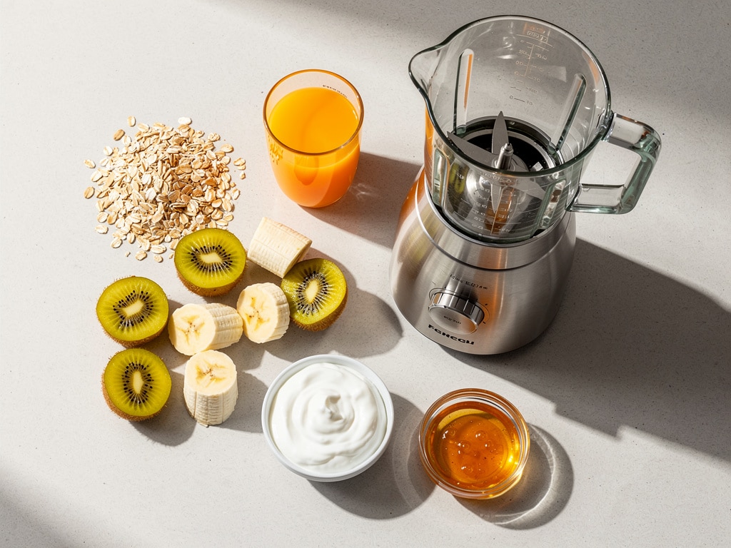Goldkiwi, Banane, Haferflocken, Orangensaft, Joghurt und Honig neben einem Mixer
