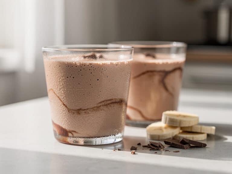 Zwei Gläser cremiger Schoko-Bananen-Smoothie mit Bananenscheiben auf dem Tisch