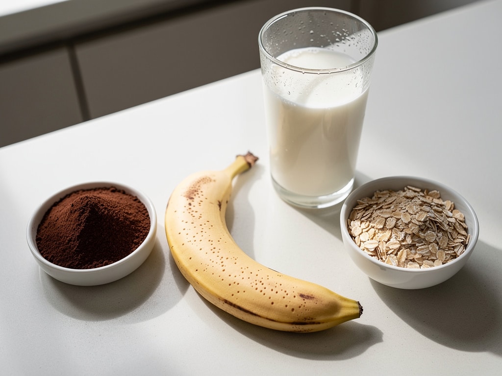 Banane, kalte Milch, Kakaopulver und Haferflocken auf einer Küchenarbeitsfläche
