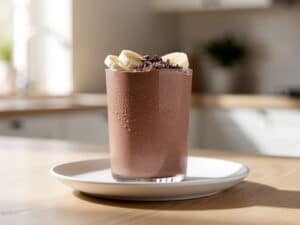 Cremiger Schoko-Bananen-Smoothie im Glas, garniert mit Bananenscheiben und Kakaonibs