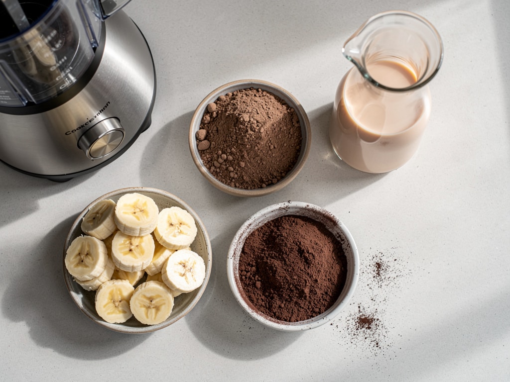 Zutaten für Schoko-Bananen-Smoothie neben einem Mixer auf der Arbeitsfläche